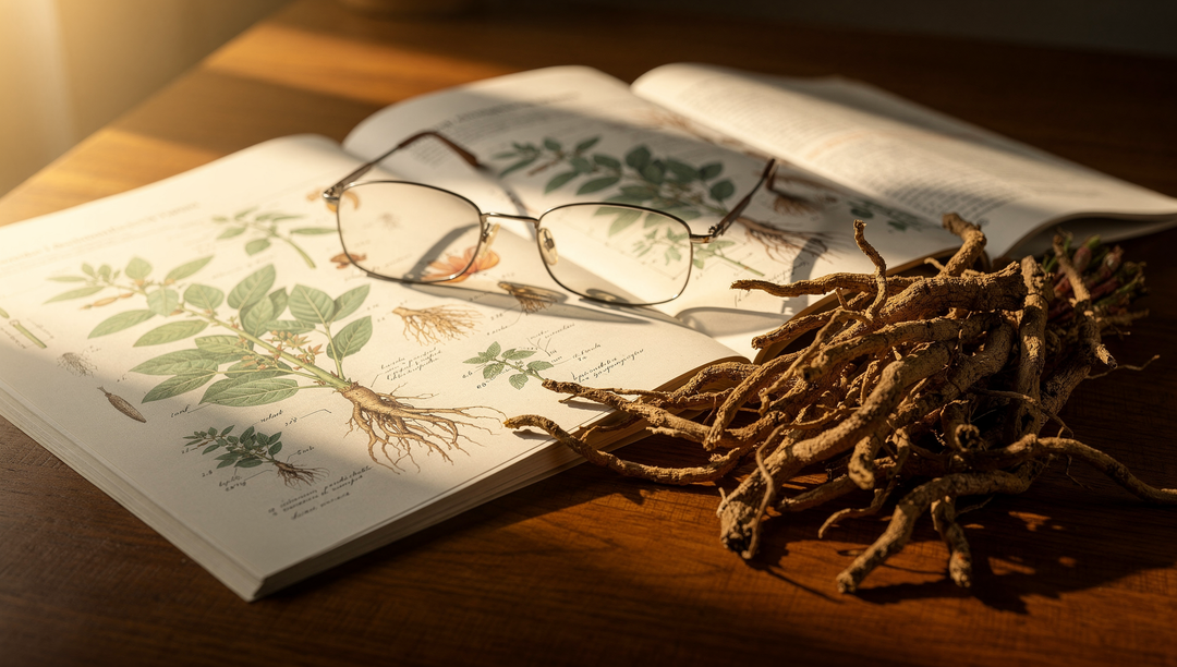 Ashwagandha research papers and dried roots on a timber desk with golden hour light