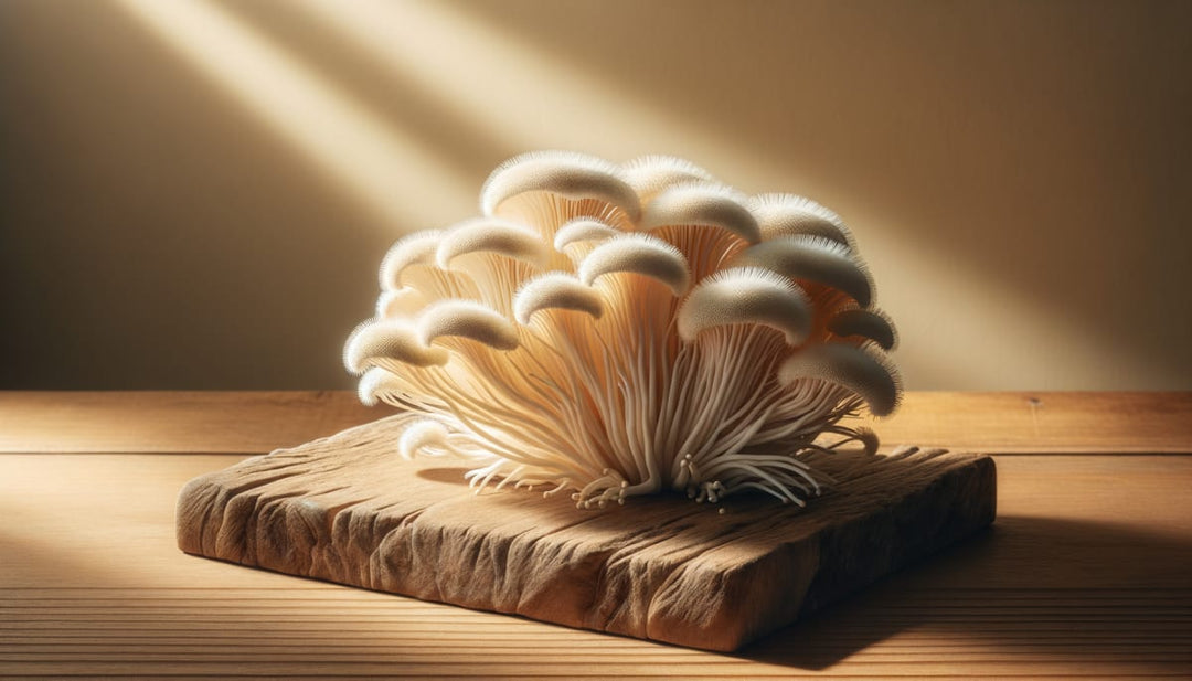 Fresh lion's mane mushroom (Hericium erinaceus) on natural timber surface with warm morning light