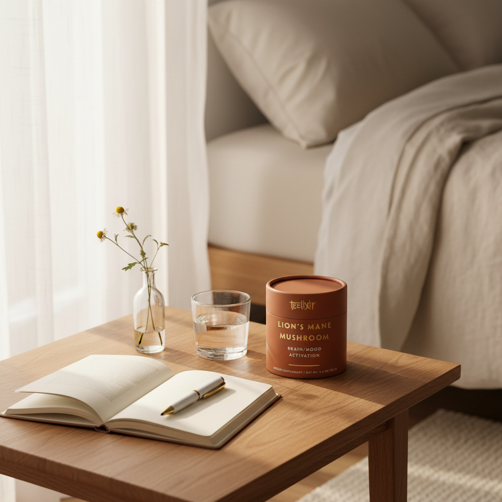 Lion's Mane mushroom supplement on a calm bedside table with morning light