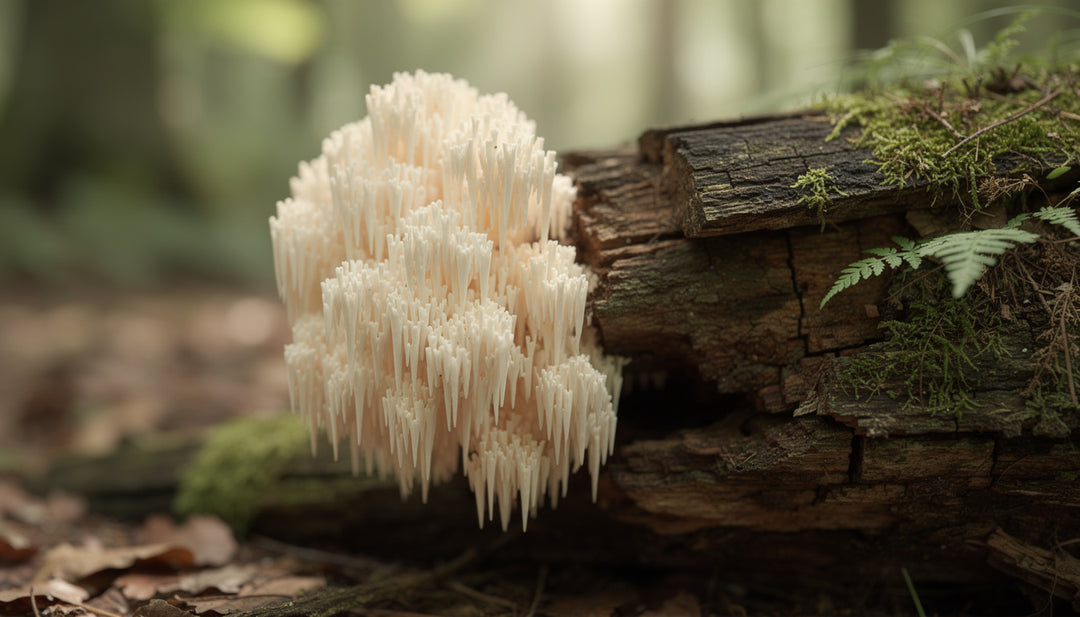 Lion's mane mushroom Hericium erinaceus growing on ancient wood, white cascading spines in natural light