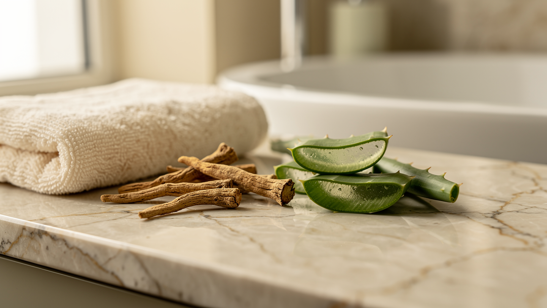 Dried ashwagandha roots and aloe vera leaves arranged on a marble bathroom surface, hair and skin health concept