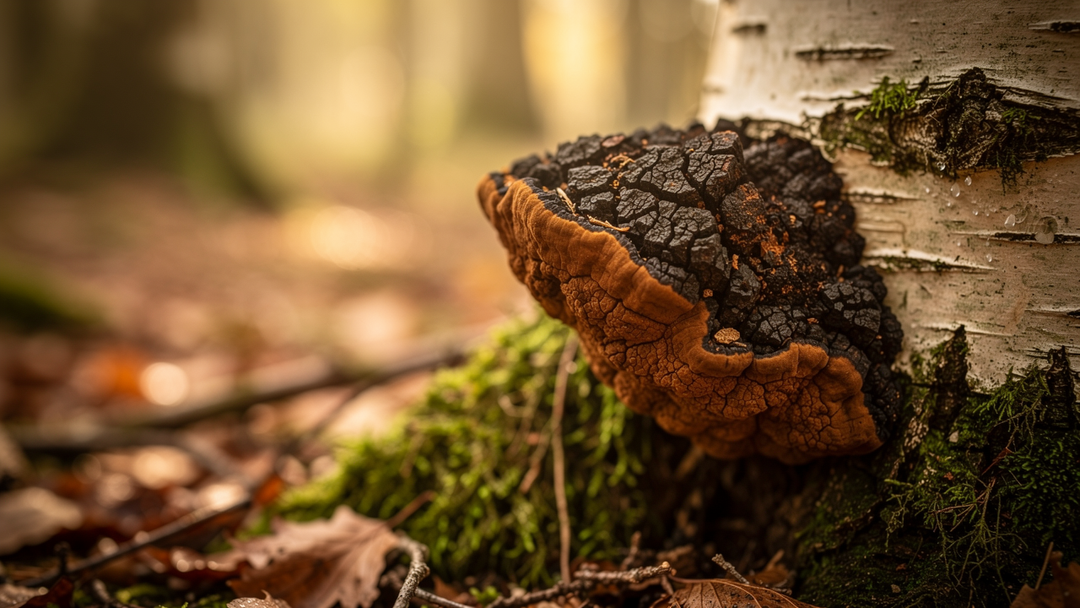 Chaga mushroom growing on birch tree in natural forest