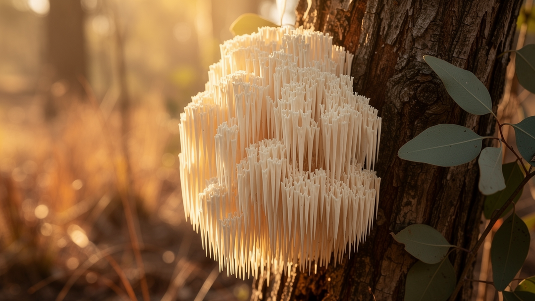 Lion's mane mushroom with cascading white spines against warm terracotta background
