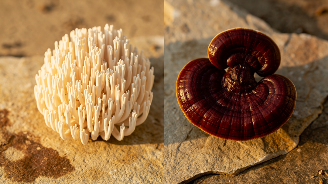 Lion's mane and reishi mushrooms on natural terracotta stone surface
