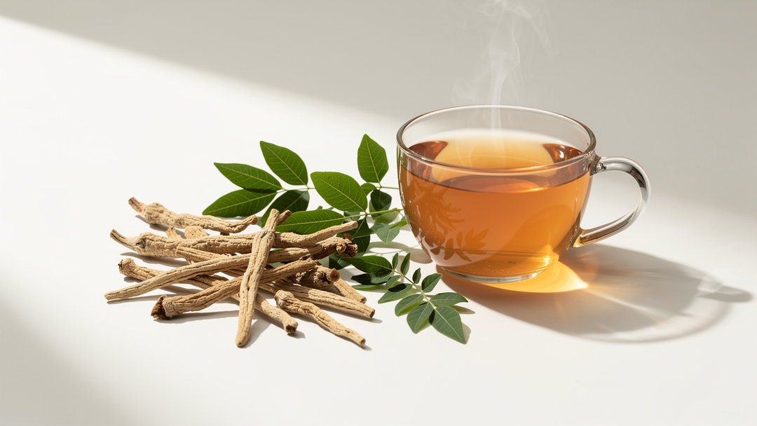Dried ashwagandha roots and green leaves with herbal tea, liver health research setting