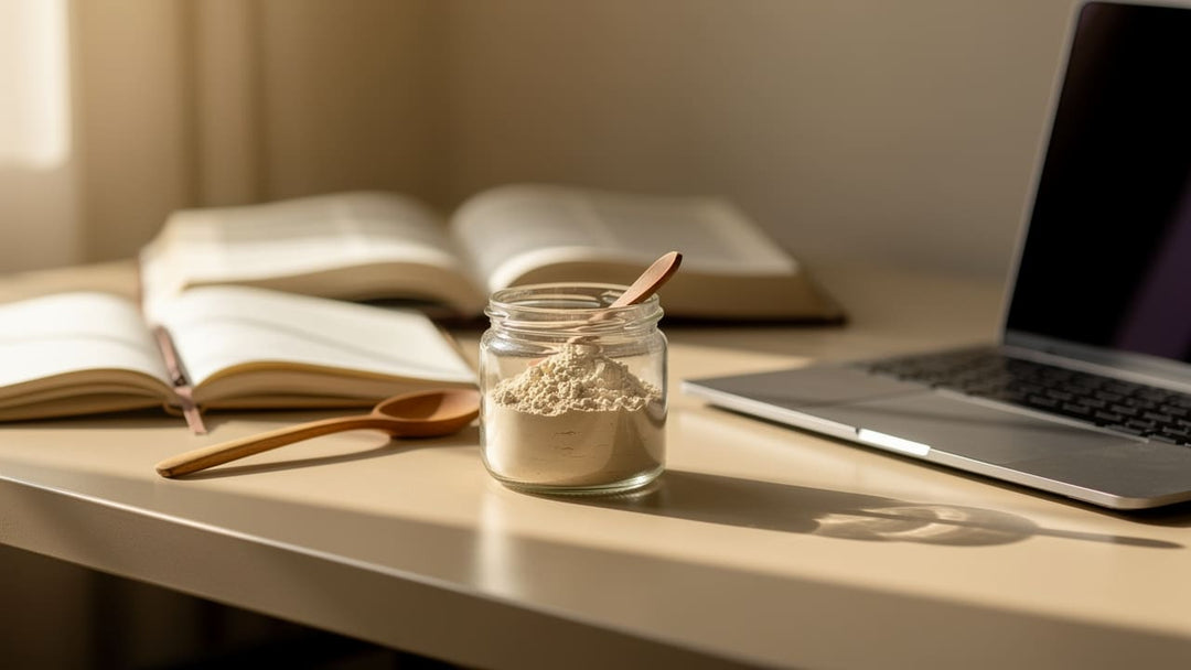 Lion's mane mushroom powder on study desk with books