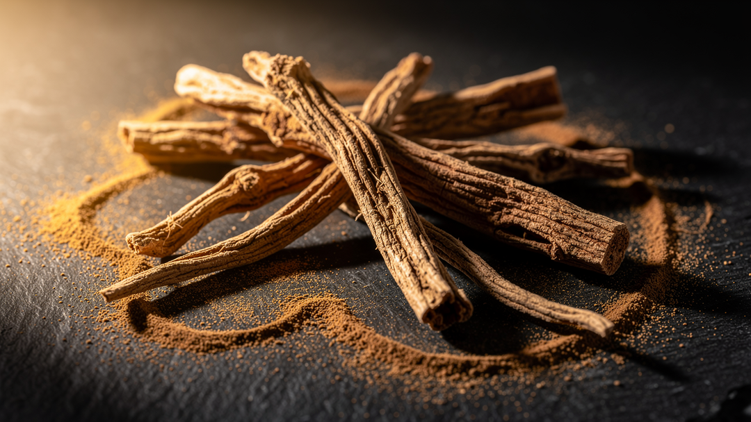 Dried ashwagandha roots on dark slate surface with scattered powder, scientific research concept, warm directional lighting