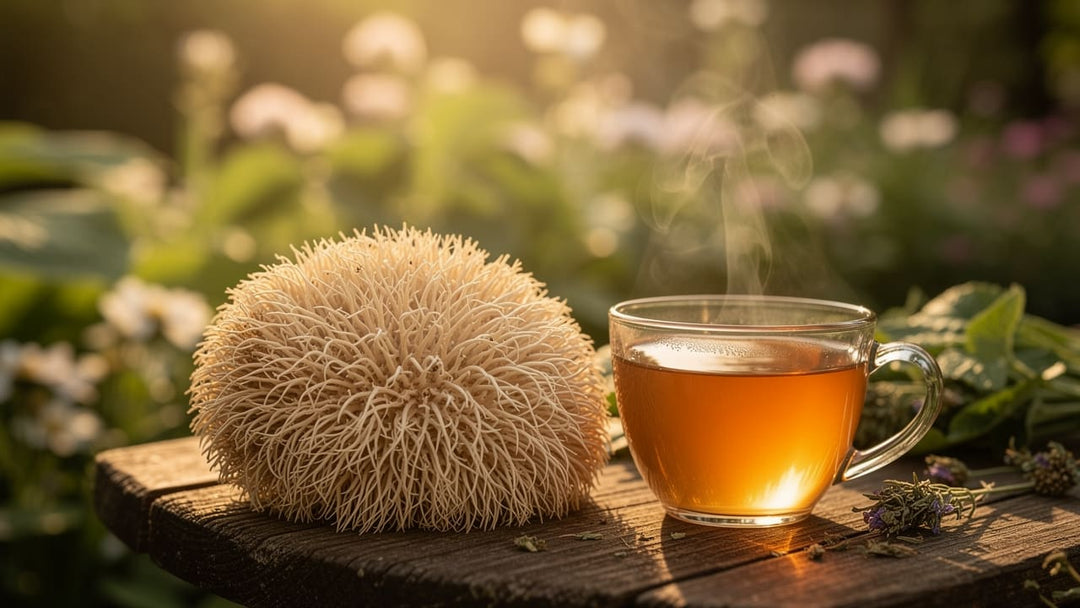 Lion's mane mushroom with tea on garden table in afternoon light
