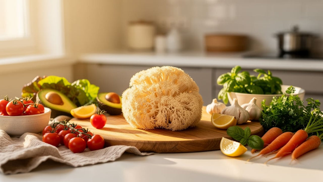 Lion's mane mushroom with plant-based ingredients on kitchen counter