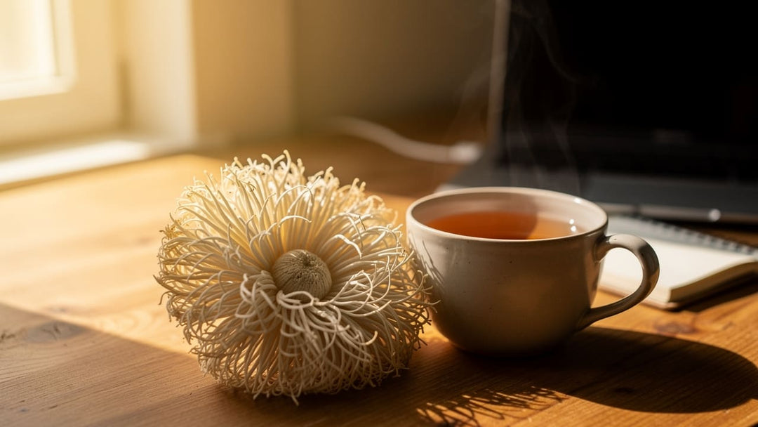 Lion's mane mushroom beside a steaming cup of morning tea in warm natural light — Teelixir