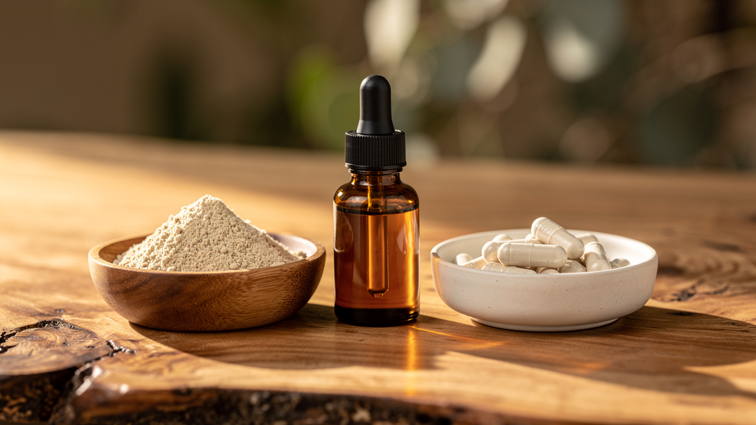 Three forms of lion's mane mushroom supplement on natural timber surface