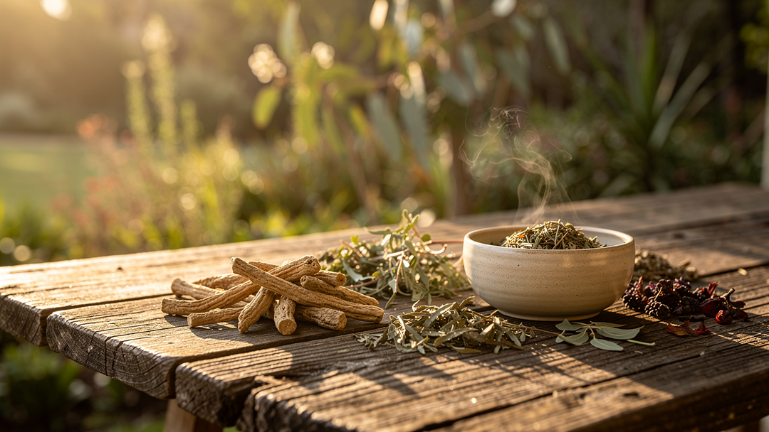 Ashwagandha root and herbs on Australian outdoor timber table with bush garden background