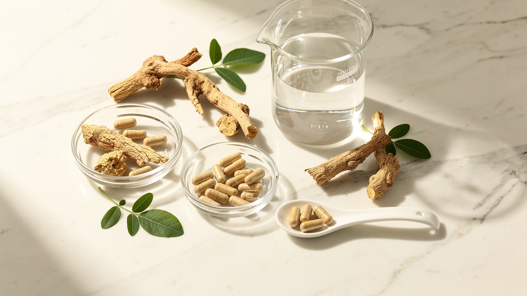 Ashwagandha side effects and safety — capsules and root on clean surface
