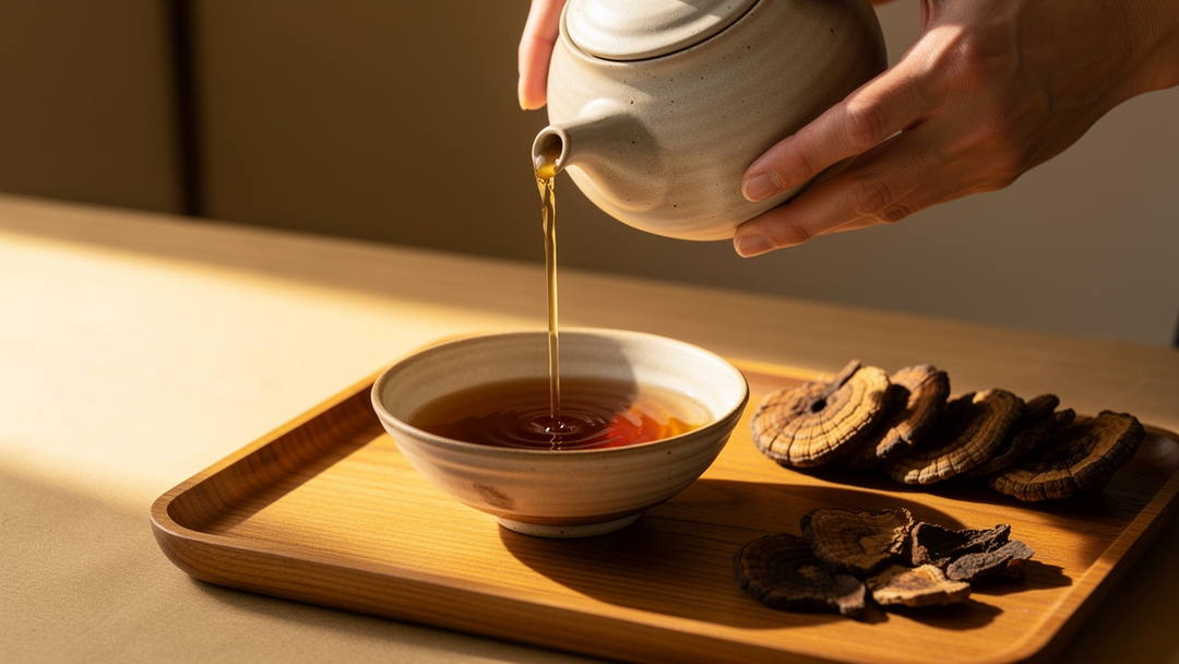 Reishi mushroom tea preparation, warm amber light, immune support article