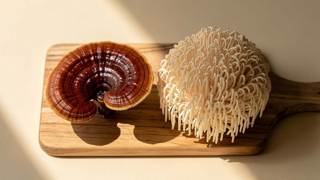 Reishi and lion's mane mushrooms side by side comparison