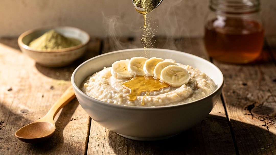 Ashwagandha powder over warm bowl of porridge with banana and honey, gut health breakfast scene