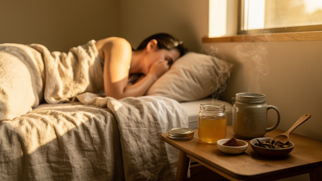 Person resting peacefully for fatigue recovery with reishi mushroom