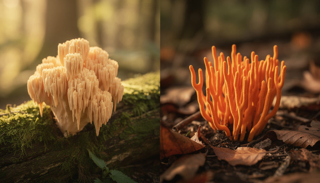 Lion's mane and cordyceps mushrooms side by side on natural forest floor with golden hour lighting