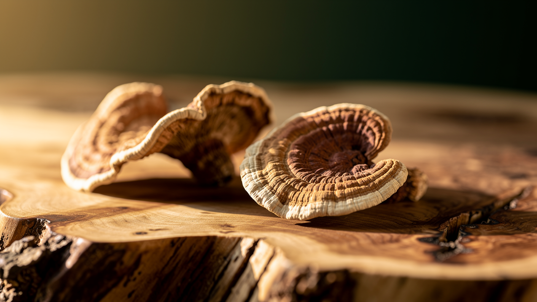 Dried reishi mushroom Ganoderma lucidum on timber surface, warm golden light
