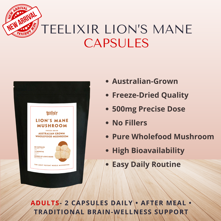 Teelixir Lion's Mane Mushroom CAPSULES (Newly Launched)- 90 Capsules Pack