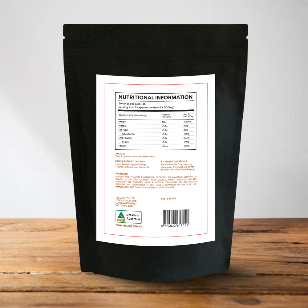 Teelixir Lion's Mane Mushroom CAPSULES (Newly Launched)- 90 Capsules Pack