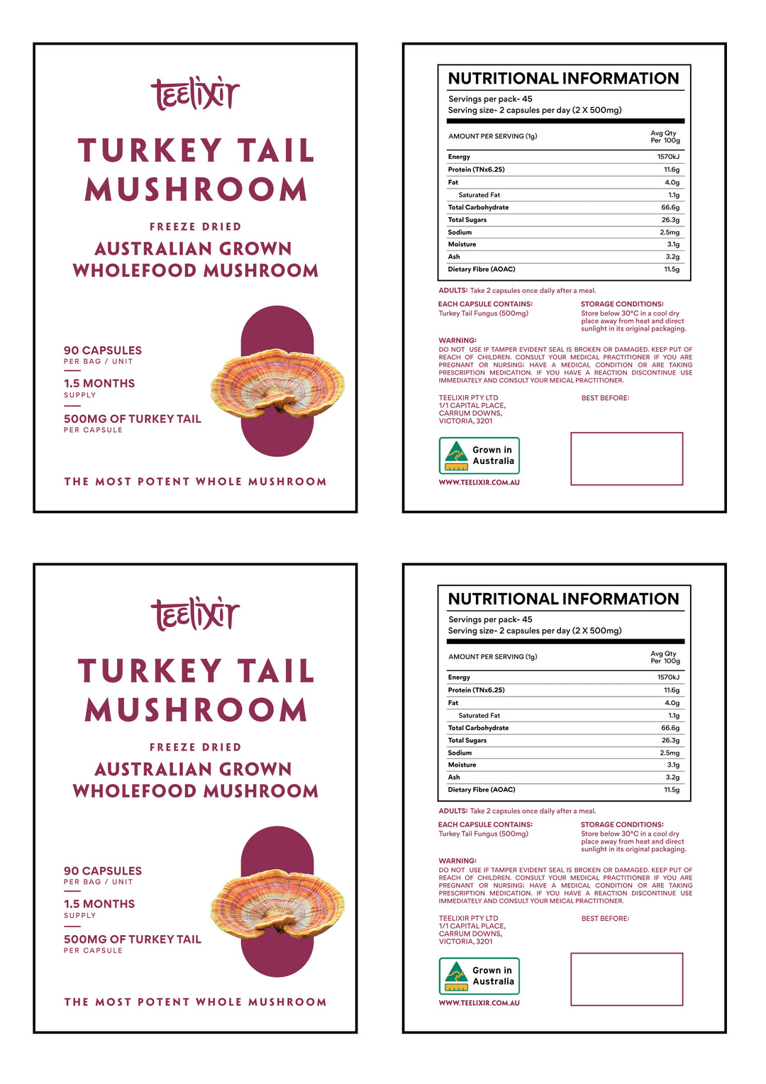 Teelixir Australian Grown Turkey Tail 90 Capsules